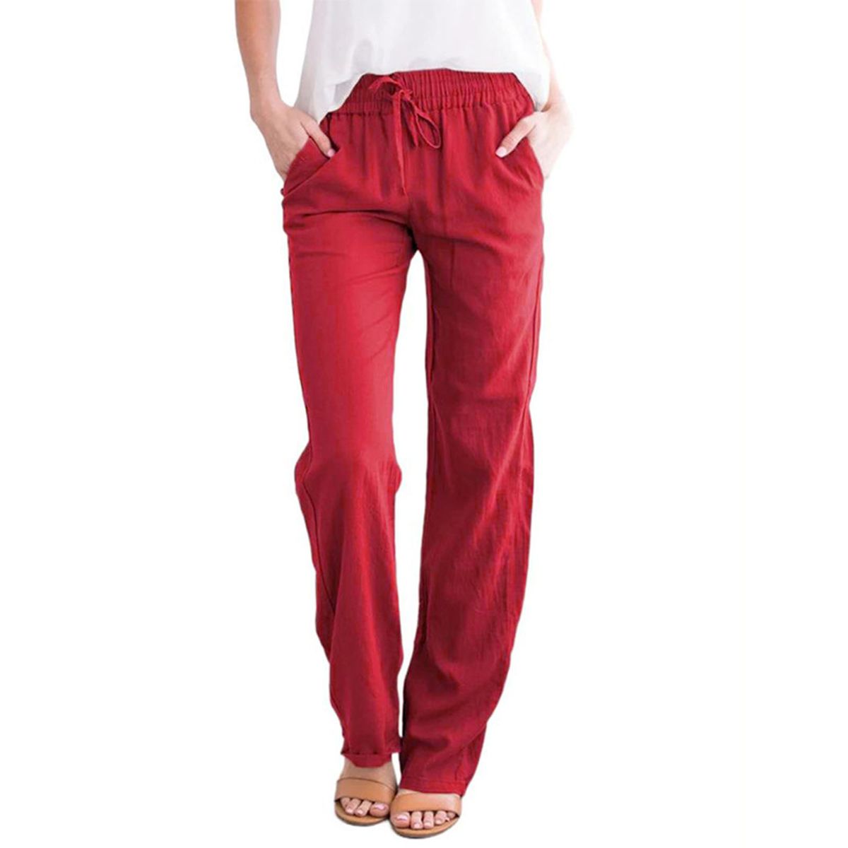 Women Pants Elastic Waist Side Pockets Straight Legs