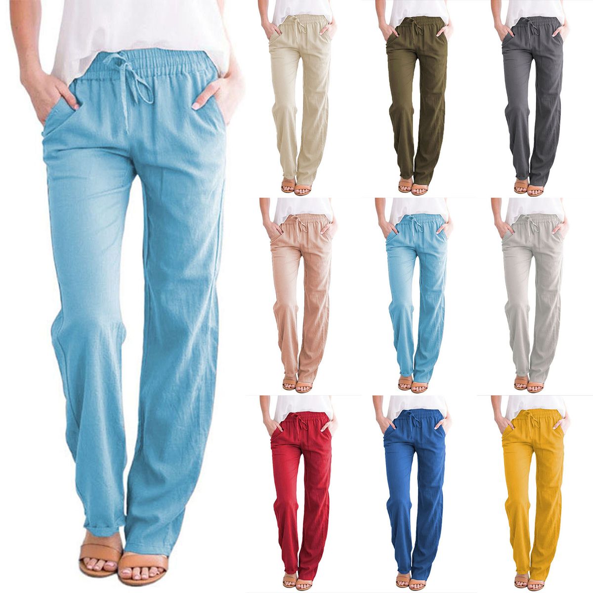 Women Pants Elastic Waist Side Pockets Straight Legs