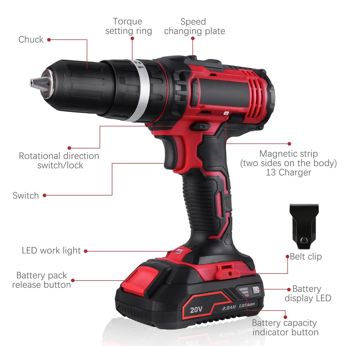 Cordless Drill Driver 20V Cordless Electric Drill Driver with 1pcs Li-Ion Batteries Speed Drill Driver 1H Fast Charger