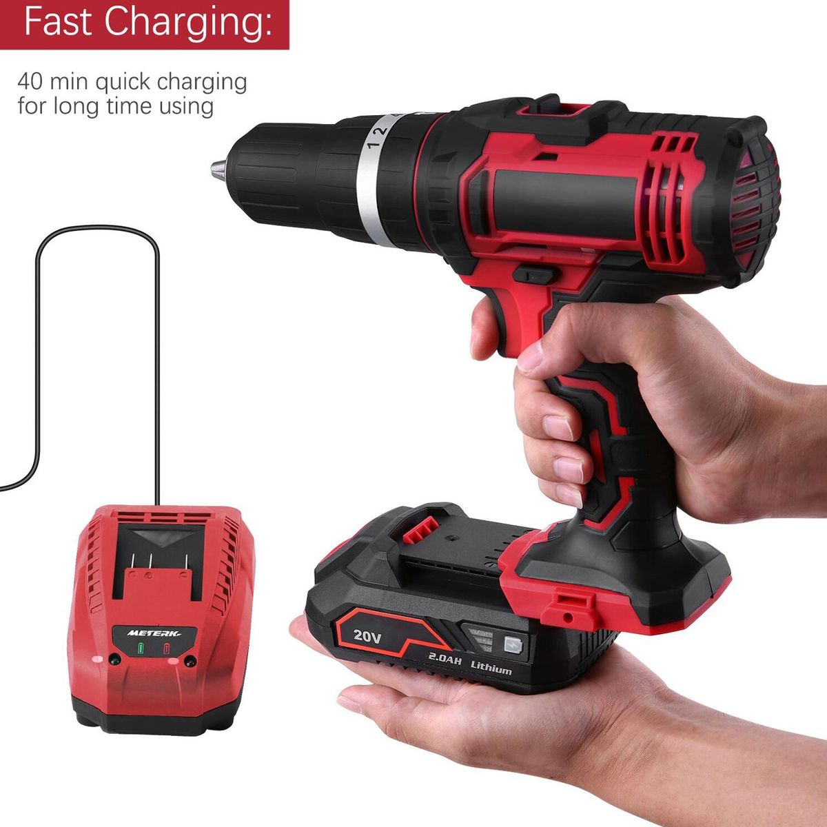 Cordless Drill Driver 20V Cordless Electric Drill Driver with 1pcs Li-Ion Batteries Speed Drill Driver 1H Fast Charger