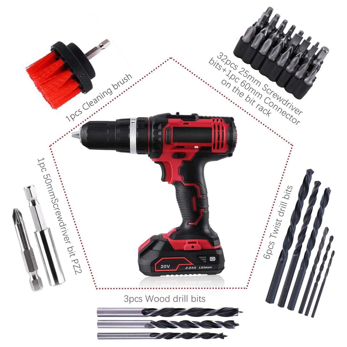 Cordless Drill Driver 20V Cordless Electric Drill Driver with 1pcs Li-Ion Batteries Speed Drill Driver 1H Fast Charger