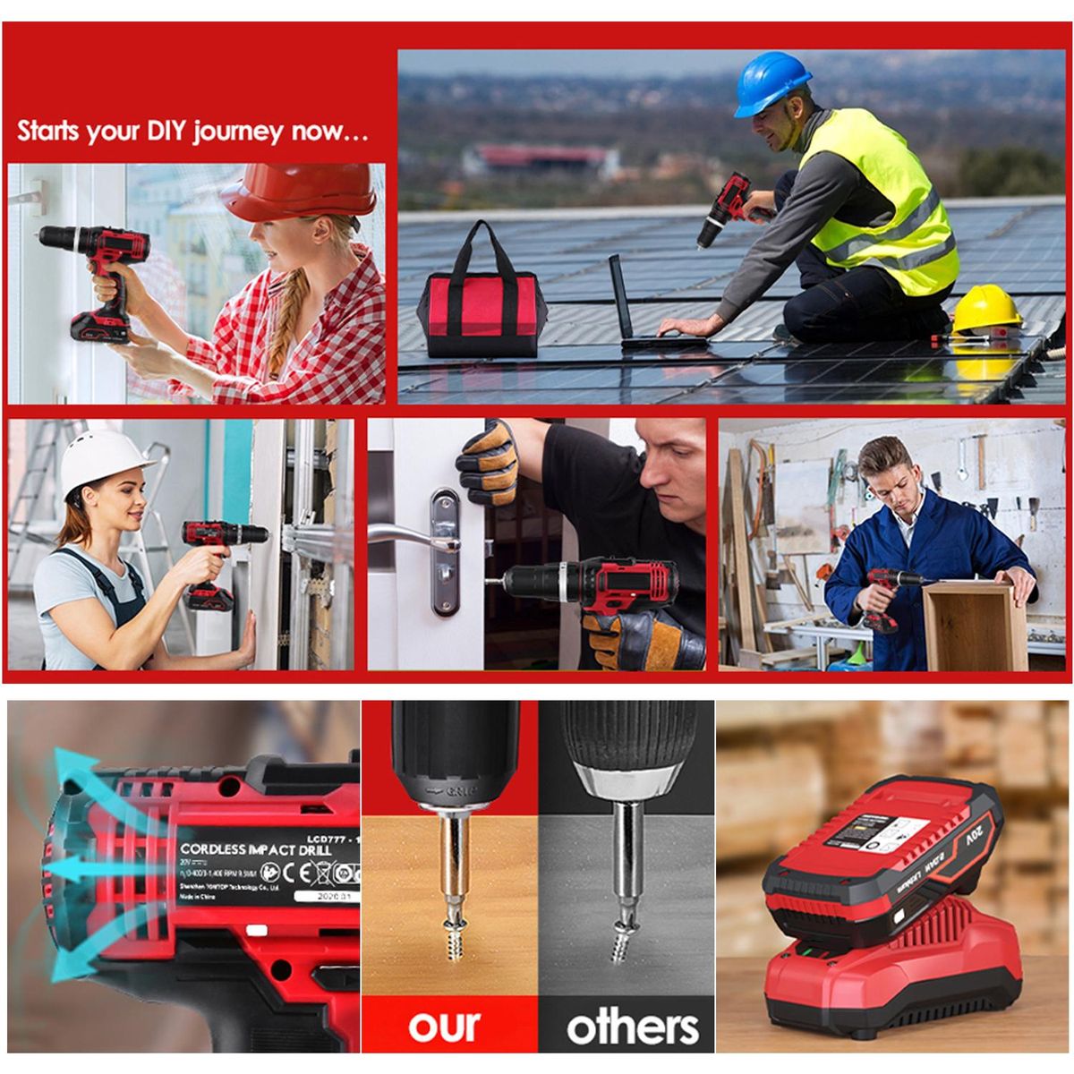 Cordless Drill Driver 20V Cordless Electric Drill Driver with 1pcs Li-Ion Batteries Speed Drill Driver 1H Fast Charger