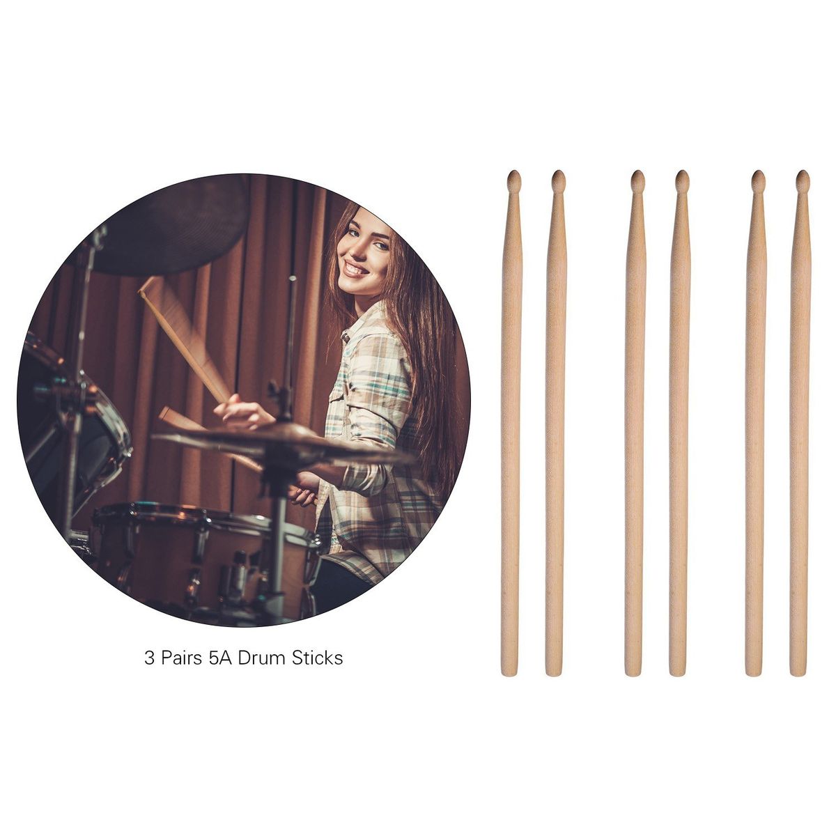 3 Pair 5A Maple Drum Sticks With Carry Bag For Drum Playing