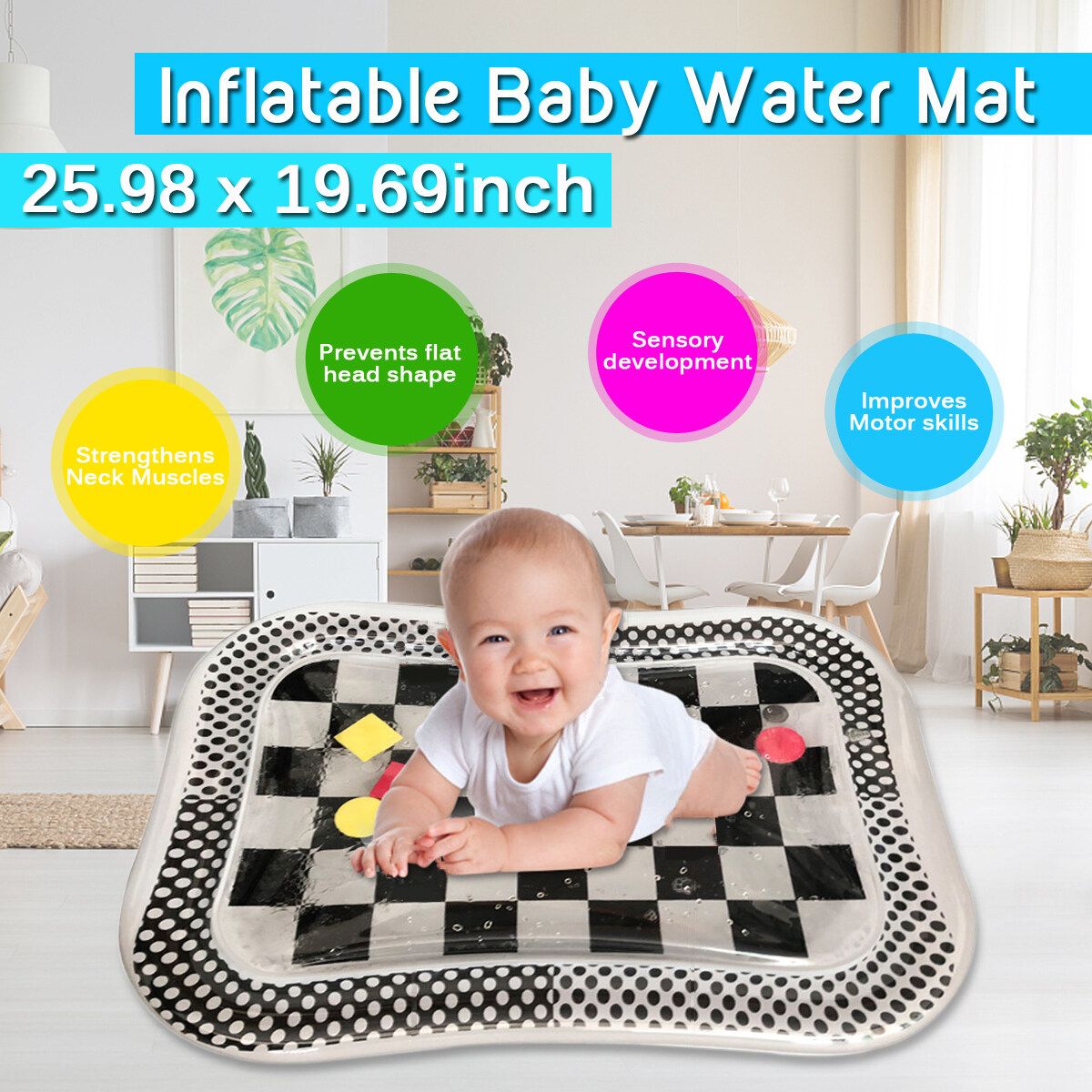 Inflatable Baby Water Play Mat Water Cushion Pad Activity Center Fun Toys For Infants Toddlers Children 66x50cm/25.98x19.69inch Black And White