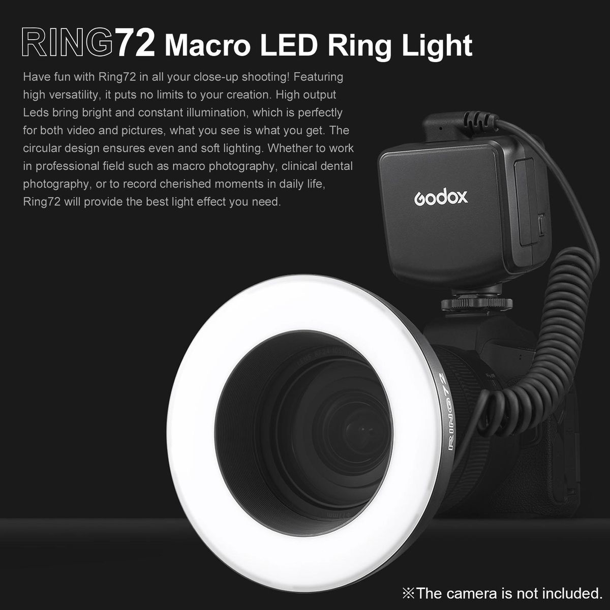 Godox RING72 Macro LED Video Light Professional Photography Fill Light 72PCS LED Beads Color Temperature 5600K 10 Levels of Adjustable Brightness with 49mm-77mm Adapter Ring for Camera Macro Photography