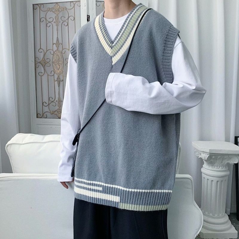 Sweater Vest Men Personality Sleeveless V-neck Striped Patchwork Tricot Top