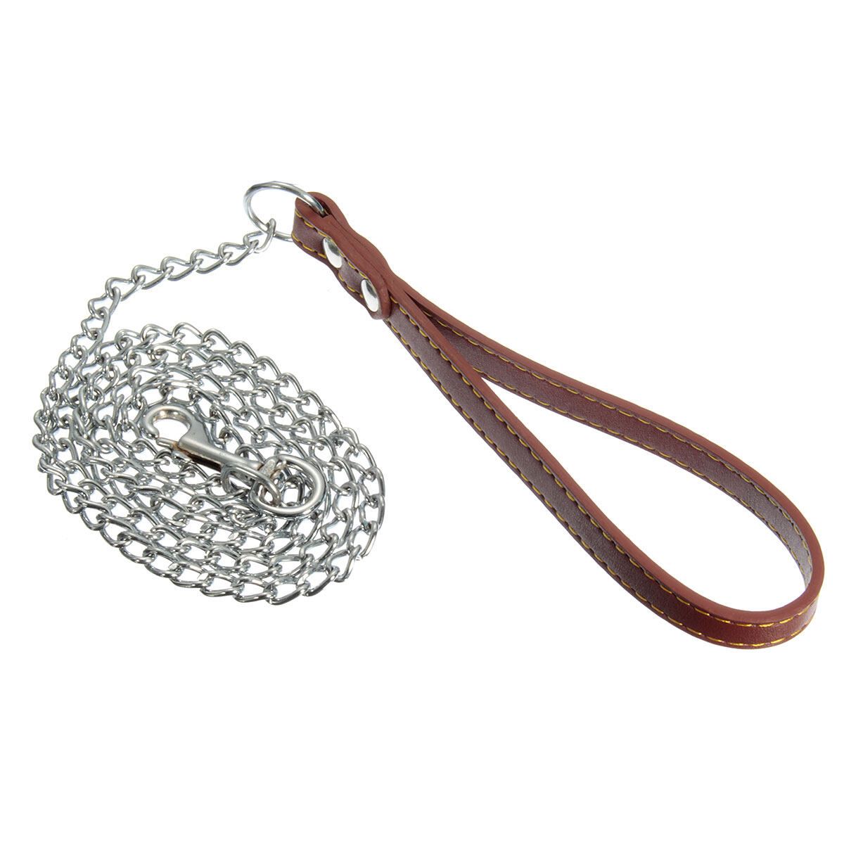 Caffee Heavy Duty Chrome Chain Metal Pet Dog Leash Leather Strap &Trigger Hook 2mmx1.2m Coffee
