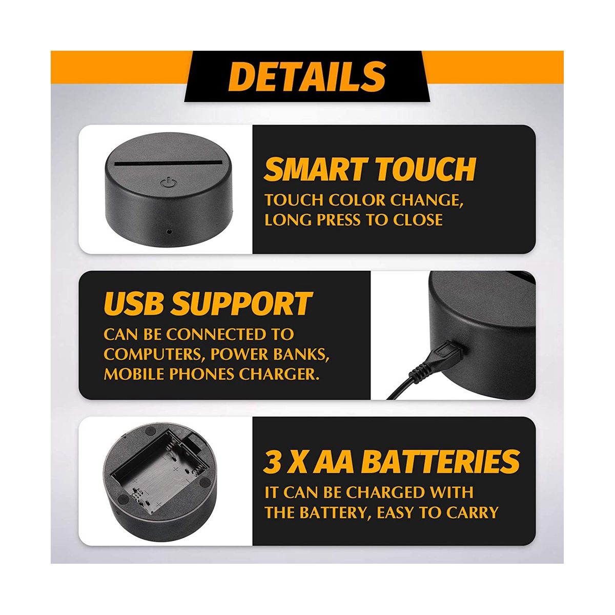 3D LED Night Light Lamp Base Two Tone 7 Colors LED Lamp Base with Remote USB Cable for Acrylic and Resin Glass Black
