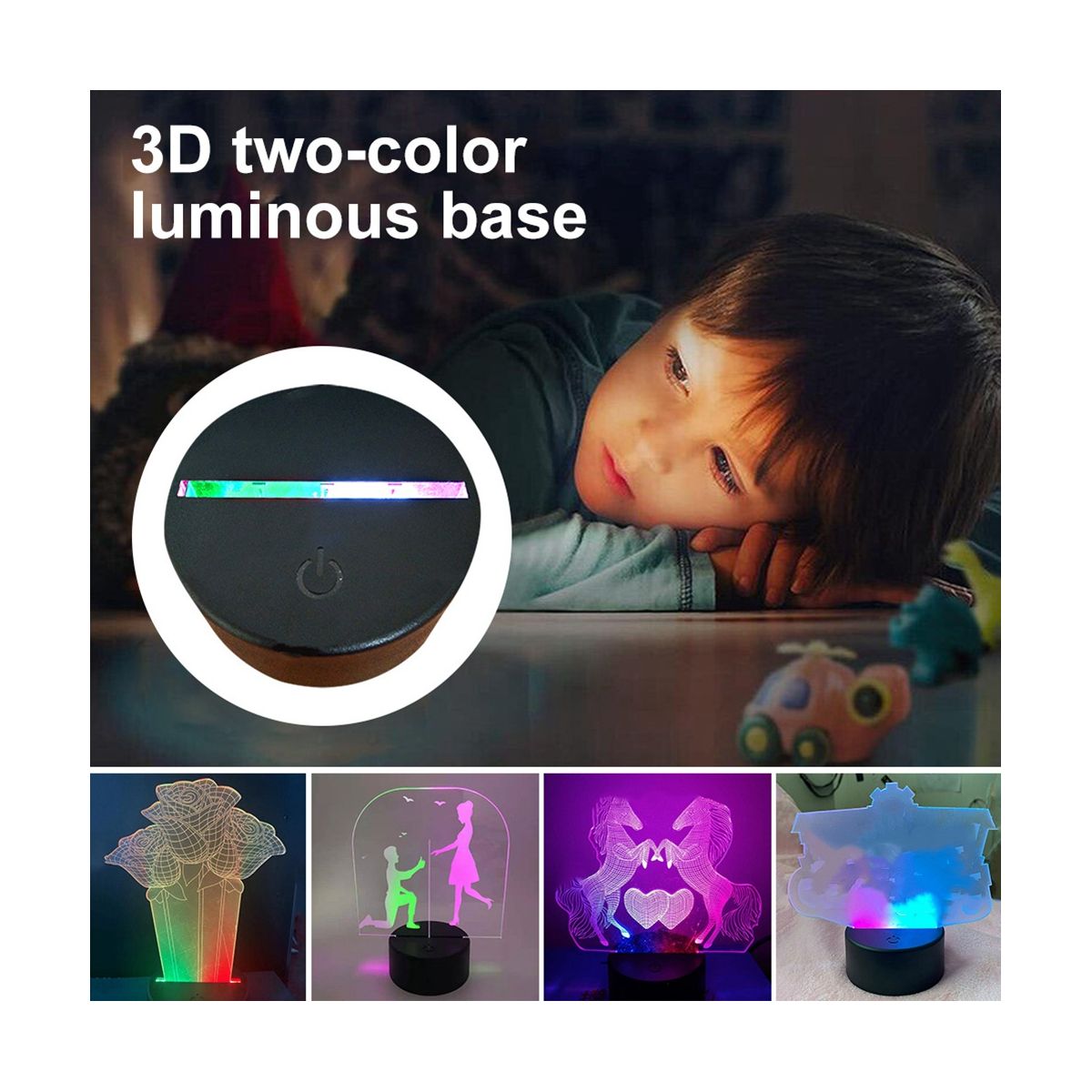 3D LED Night Light Lamp Base Two Tone 7 Colors LED Lamp Base with Remote USB Cable for Acrylic and Resin Glass Black