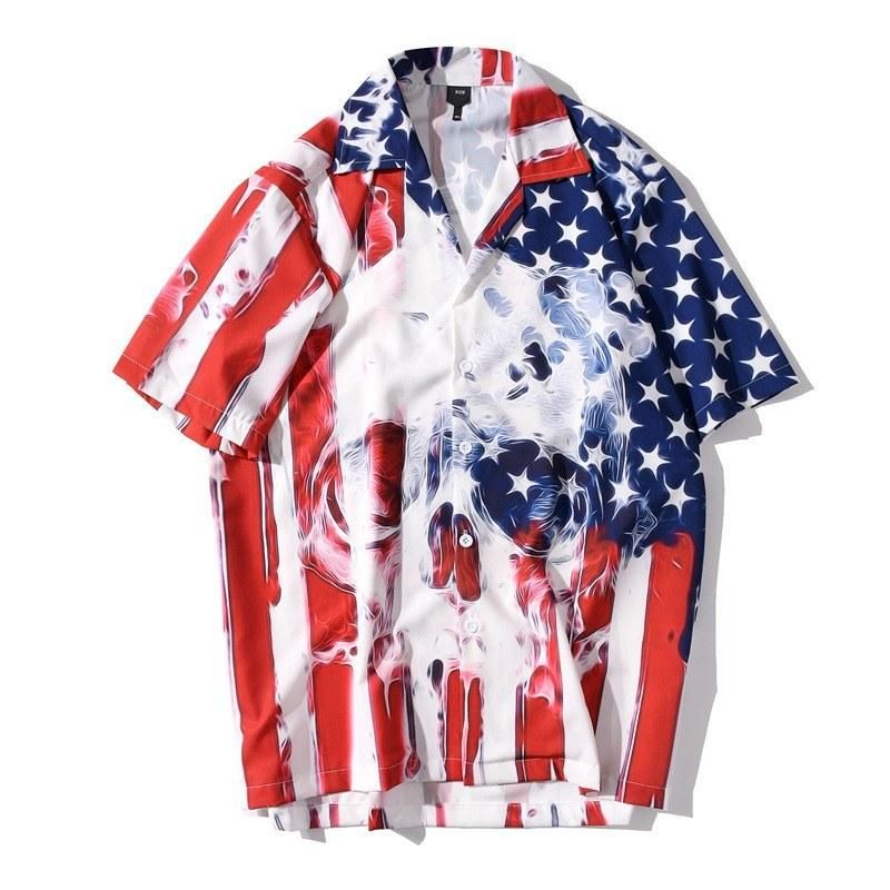 Fashionable men's printed short-sleeved shirt red XXL