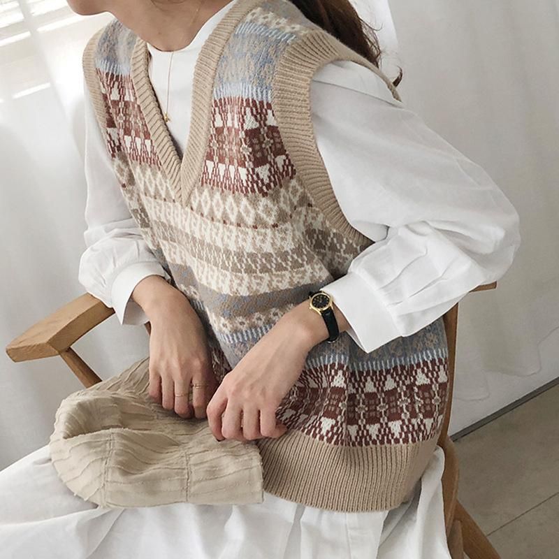 2021 Sen Sweater Women's V-Neck Overlay Tank Top Autumn Korean Pullover Sleeveless Outwear Academy