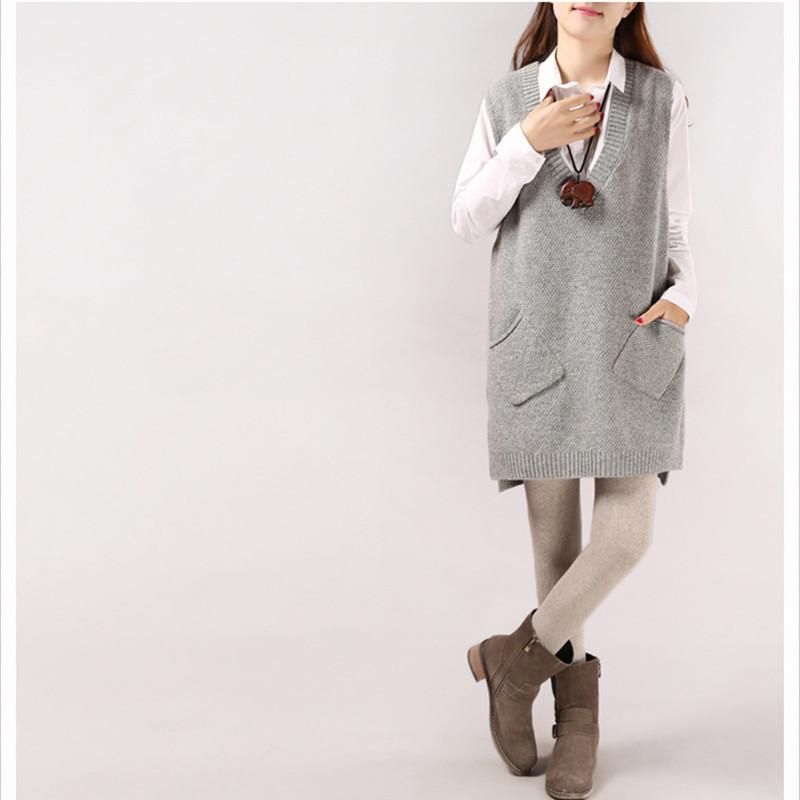2019 Spring and Autumn New V-neck Tank Top Knitted Underlay Medium Long Korean Solid Loose