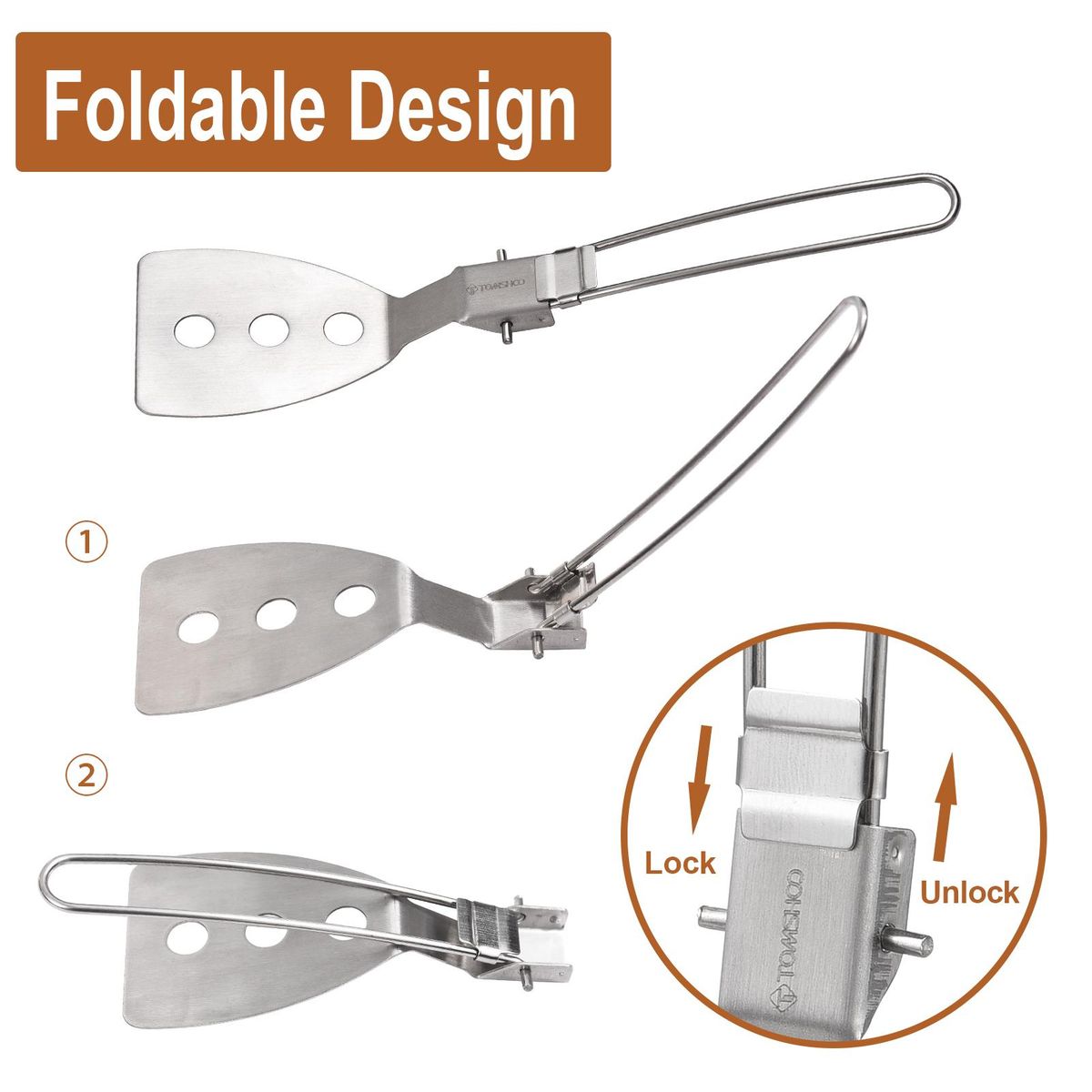 TOMSHOO Stainless Steel Folding Spatula Turner for Outdoor Cooking Camping Hiking BBQ Picnics