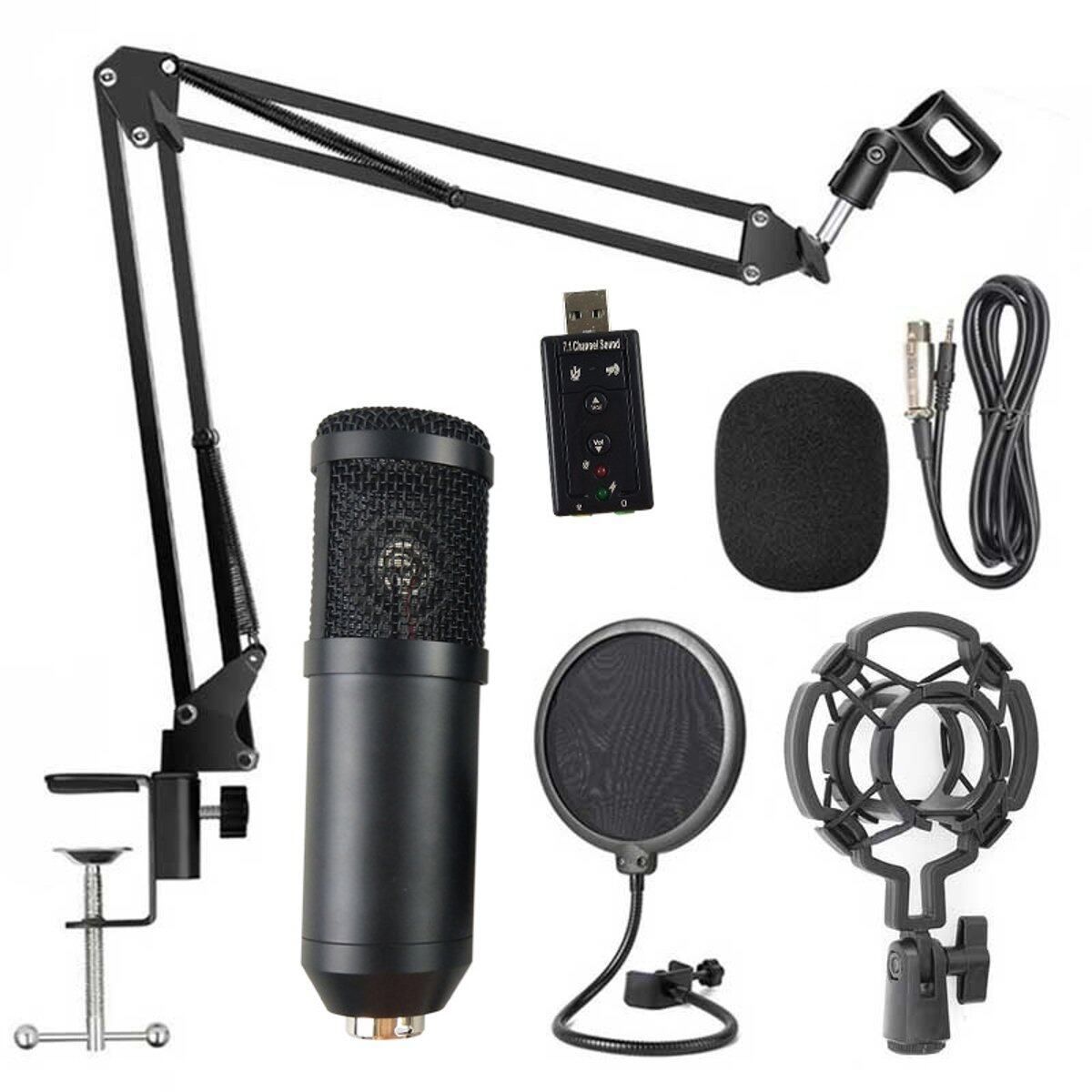 BM-800 Professional Suspension Microphone Kit KTV Studio Live Stream Broadcasting Recording Condenser Microphone Multi-function Mic With Audio Adapter 7.1 Sound Card（include Adjustable Scissor Arm Stand, Shock Mount And Fil