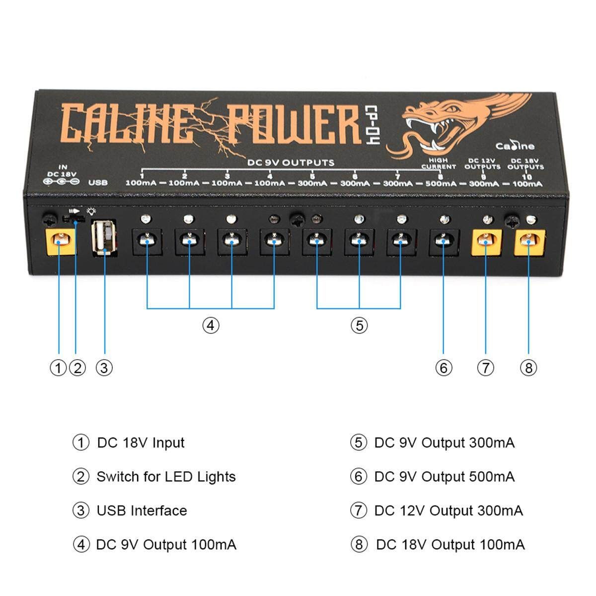 Caline CP-04 PedalSupply Guitar Effect Pedal Effector Adapter Charger 10 Isolated Output Tuner Short Circuit /Over Current Protection Guitar Effect -U.S. Regulations Black