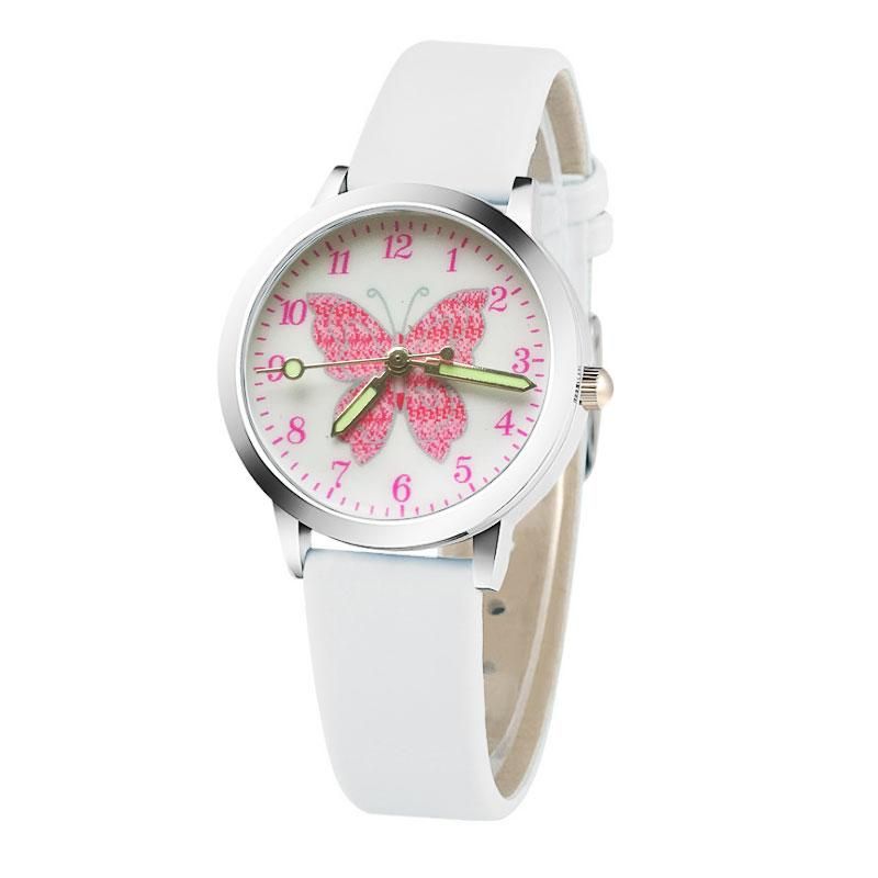 Cute pink butterfly cartoon children's watch, leather watch sports quartz with luminous hands, birthday gift for boys and girls White