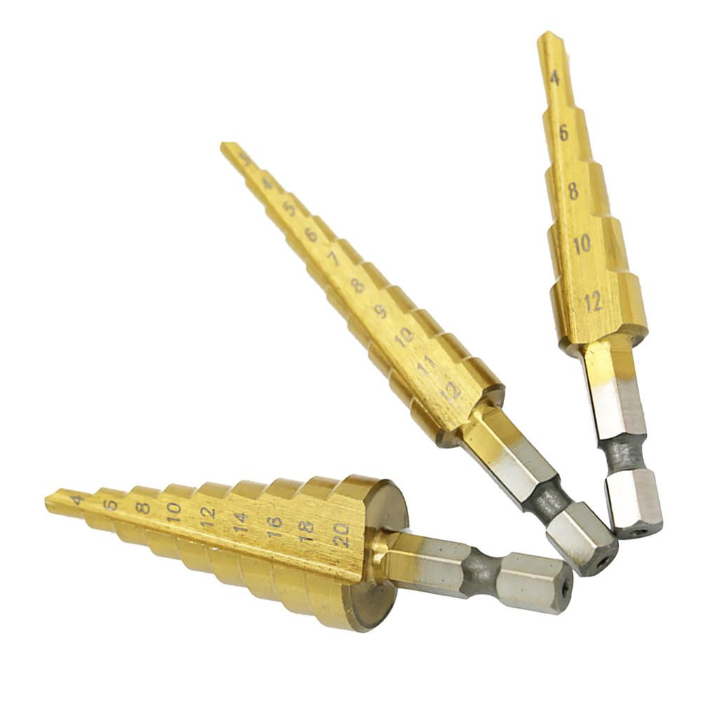 3 Piece Step Drill Cone Drill Bits HSS Titanium Hex Hole Cutter Tool