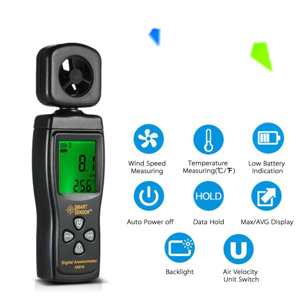 SMART SENSOR Mini Anemometer LCD Digital Wind Speed Meter Air Velocity Temperature Measuring with Backlight