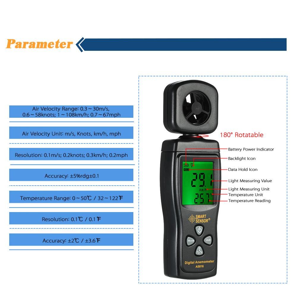 SMART SENSOR Mini Anemometer LCD Digital Wind Speed Meter Air Velocity Temperature Measuring with Backlight