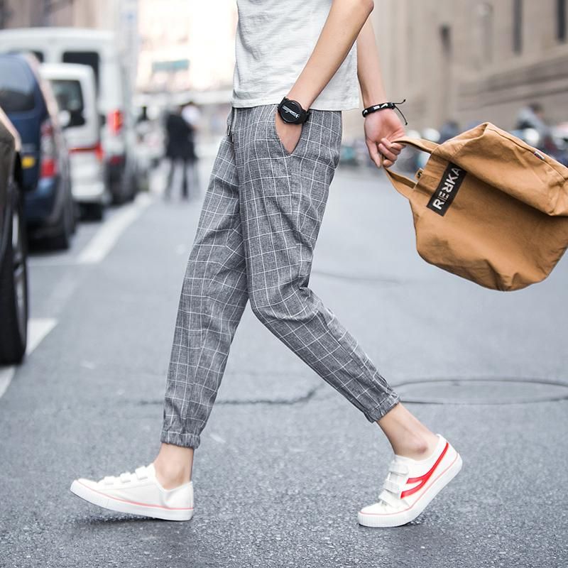 Linen Ankle Length Pure Plaid Cotton Pants Men Pants Jogger Hip Hop Pants Men Tracksuit Pants Streetwear Men's Pants S-5XL