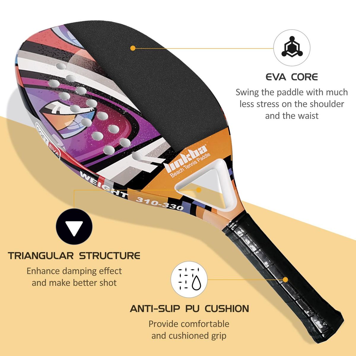 Beach Tennis Racket with Ergonomic Cushion Grip for Indoor and Outdoor