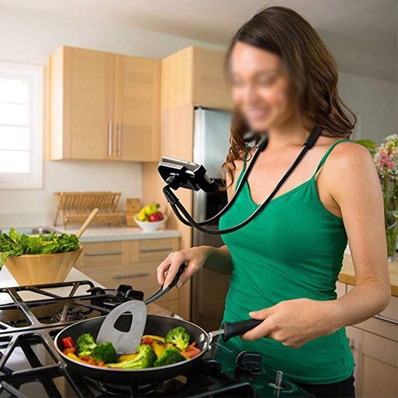 (Universal) 360° Flexible Neck Phone Holder Portable Lazy Hanging On Neck Smart Phone Bracket Holder Desktop Mount For Bike Bicycle Riding Cooking Pink