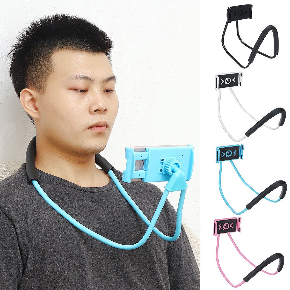 (Universal) 360° Flexible Neck Phone Holder Portable Lazy Hanging On Neck Smart Phone Bracket Holder Desktop Mount For Bike Bicycle Riding Cooking Pink