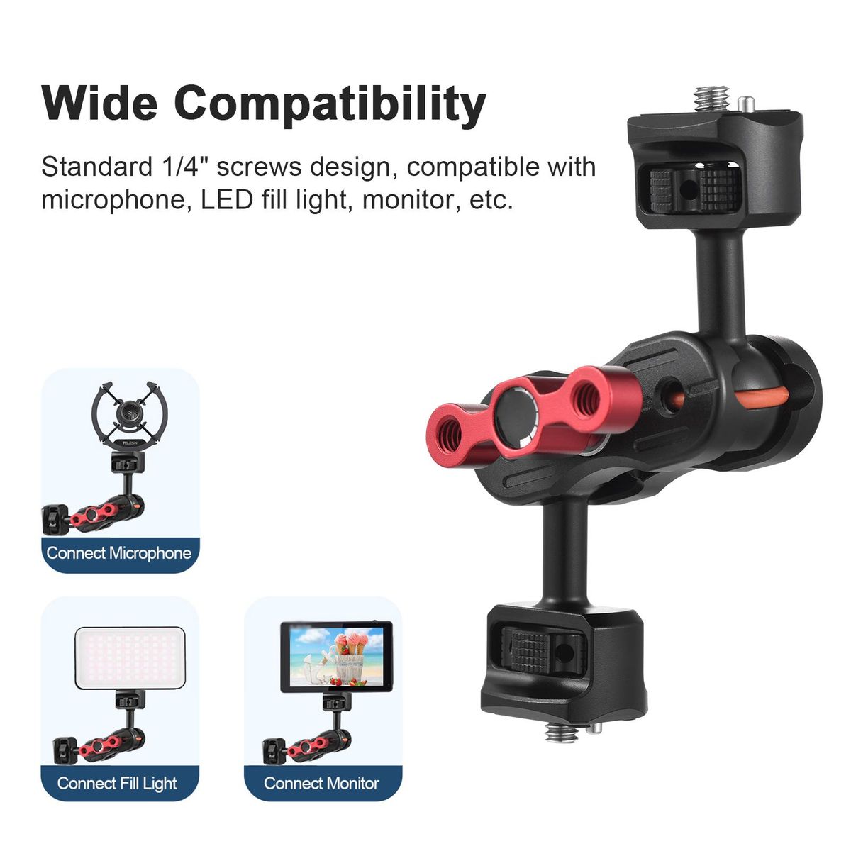 Articulating Magic Arm Flexible Monitor Mount Adapter Aluminum Alloy with Dual 1/4 Inch Screws Double Ballheads 360° Rotatable for Field Monitor LED Light Camera Cage