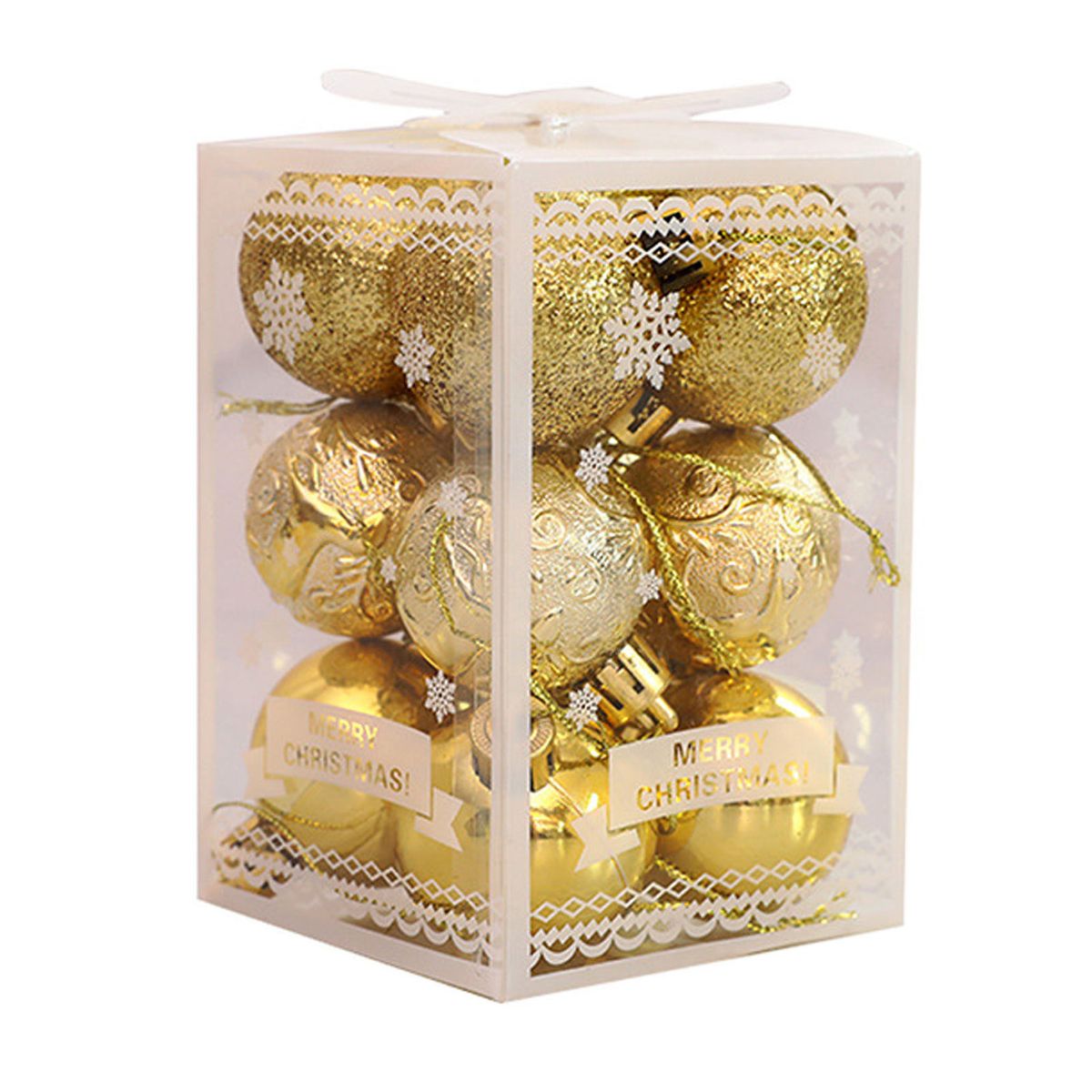 12Pcs/1 Box Plastic Xmas Ball Vibrant Color Glitter Powder Glossy Christmas Ball With Hanging Rope For Xmas Tree-Golden