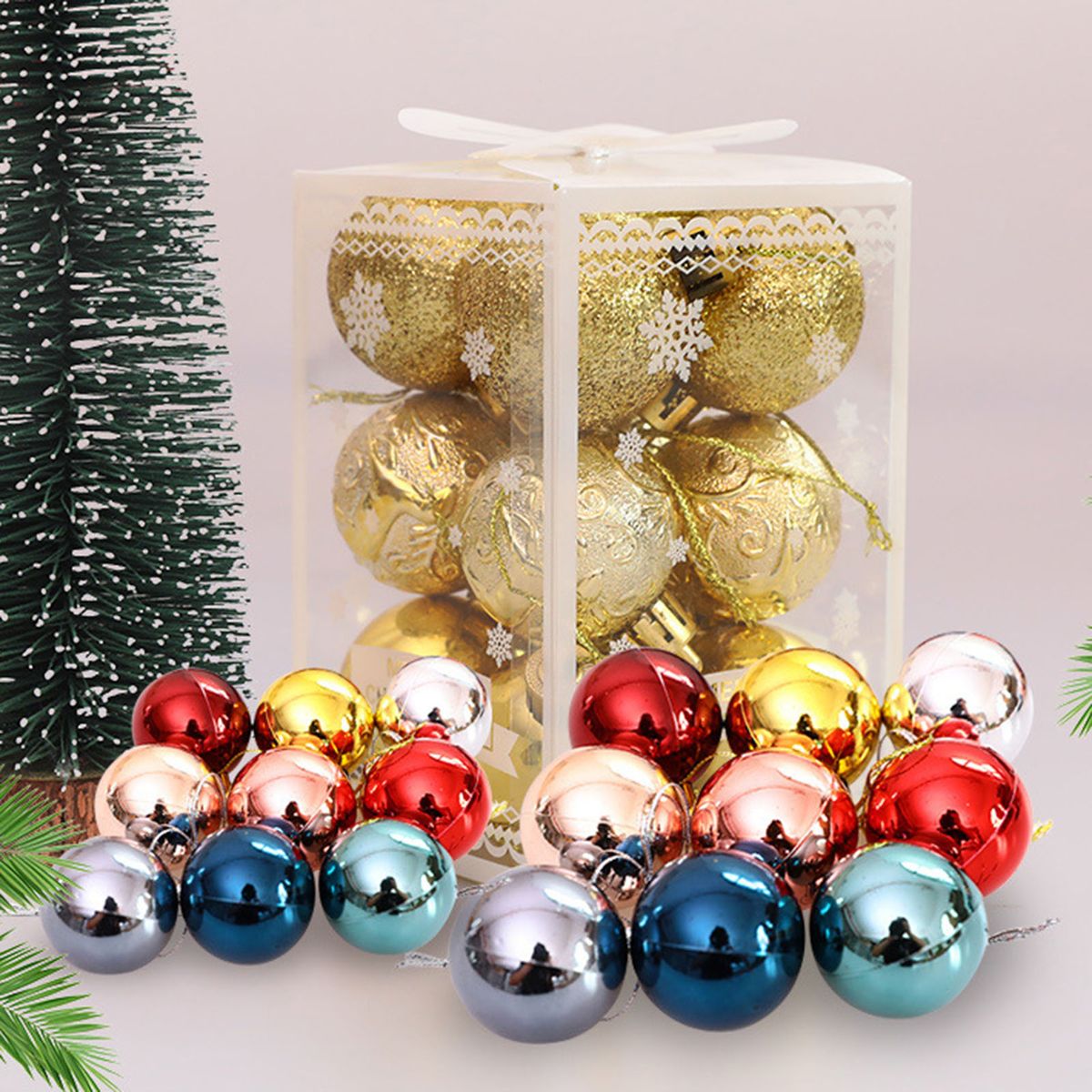 12Pcs/1 Box Plastic Xmas Ball Vibrant Color Glitter Powder Glossy Christmas Ball With Hanging Rope For Xmas Tree-Golden