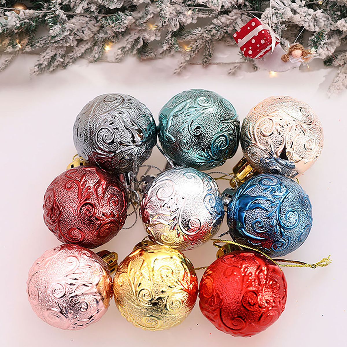 12Pcs/1 Box Plastic Xmas Ball Vibrant Color Glitter Powder Glossy Christmas Ball With Hanging Rope For Xmas Tree-Golden
