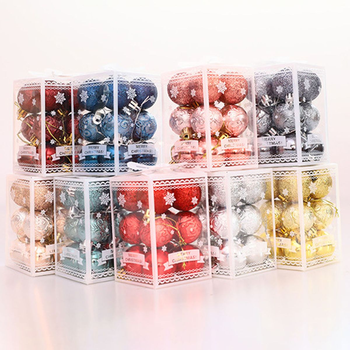 12Pcs/1 Box Plastic Xmas Ball Vibrant Color Glitter Powder Glossy Christmas Ball With Hanging Rope For Xmas Tree-Golden