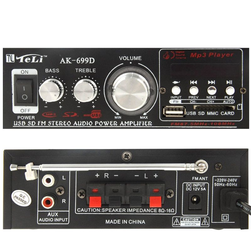 HiFi Stereo Audio MP3 Power Amplifier With Remote Control, Support FM USB SD MMC Card, Digital Player 180W + 180W (AK-699D)(Black)