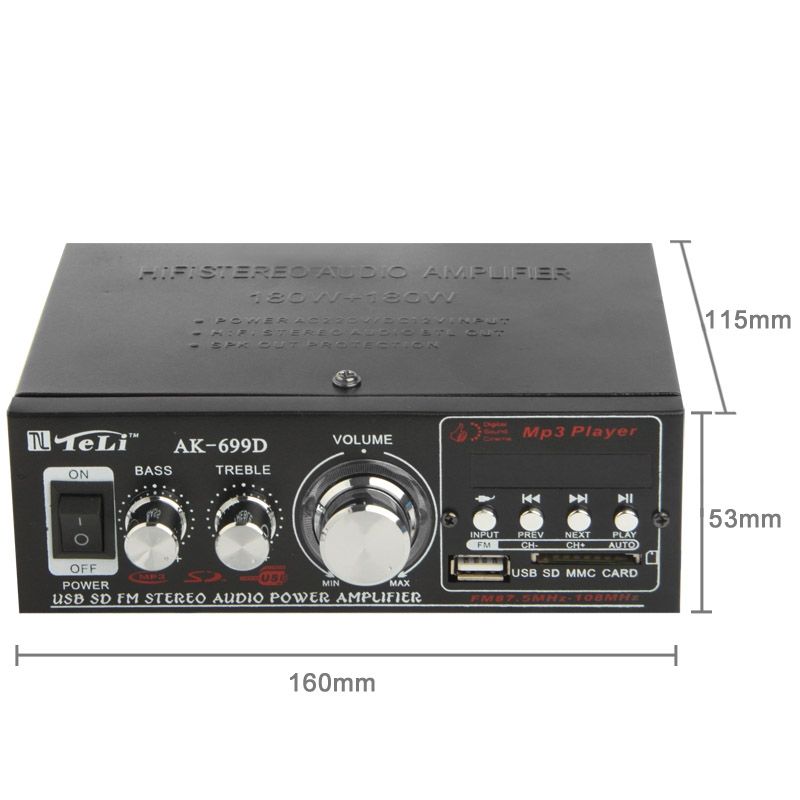HiFi Stereo Audio MP3 Power Amplifier With Remote Control, Support FM USB SD MMC Card, Digital Player 180W + 180W (AK-699D)(Black)