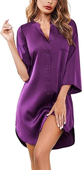 Women's Nursing Maternity Gown Satin Pocket  Shirt Button Down 3/4Sleeve Short Dress In Purple