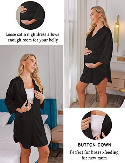 Women's Nursing Maternity Gown Satin Pocket  Shirt Button Down 3/4Sleeve Short Dress In Purple