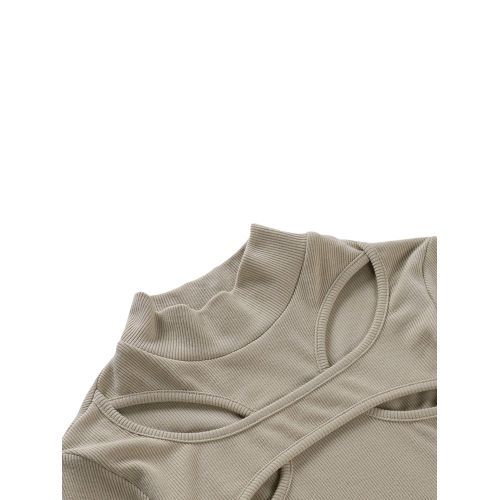 Women Criss Cross Cut Ribbed Long Sleeve High Collar T-Shirt Crop Top - Camel