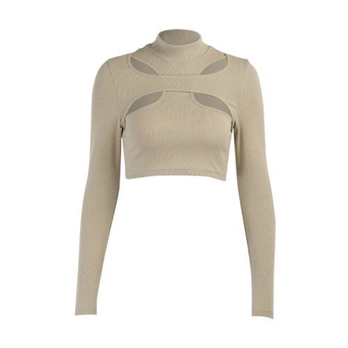 Women Criss Cross Cut Ribbed Long Sleeve High Collar T-Shirt Crop Top - Camel