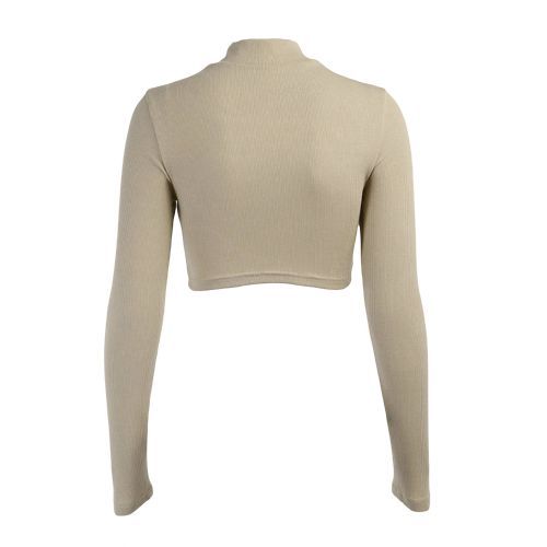 Women Criss Cross Cut Ribbed Long Sleeve High Collar T-Shirt Crop Top - Camel