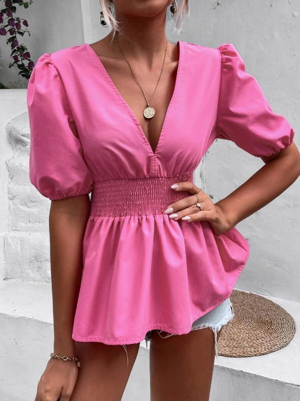 Ladies Plunging Neck Puff Sleeve Tie Back Shirred Peplum Blouse