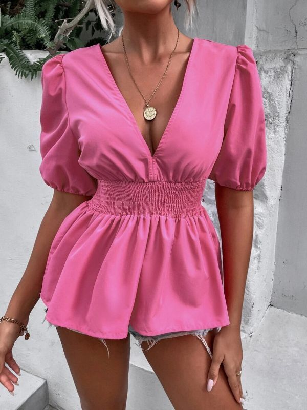 Ladies Plunging Neck Puff Sleeve Tie Back Shirred Peplum Blouse
