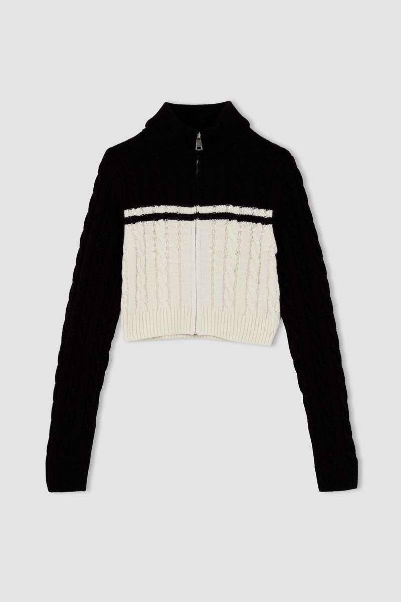 Woman - Mock Neck Long Sleeve Slim Fit Tricot Cardigan-Black