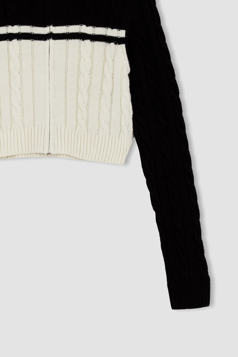 Woman - Mock Neck Long Sleeve Slim Fit Tricot Cardigan-Black