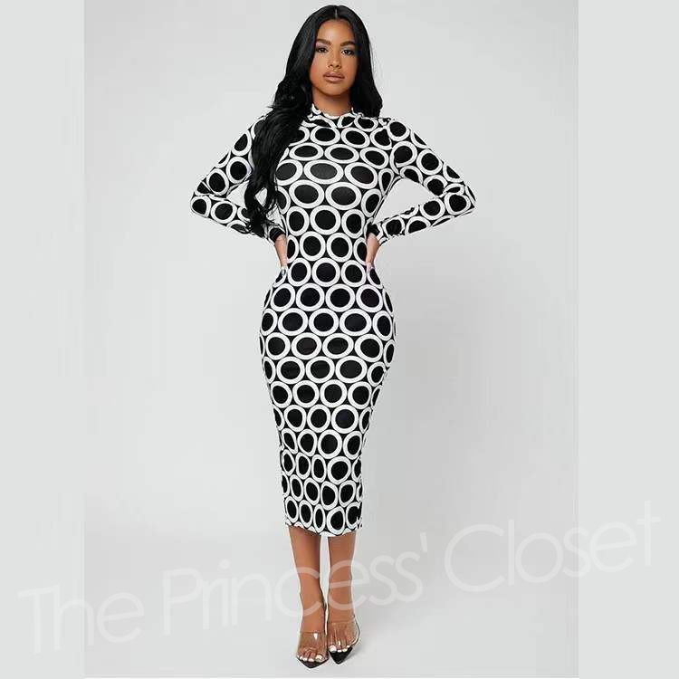 D04 Lady Long Sleeve Polka Dot Dress - Black & White