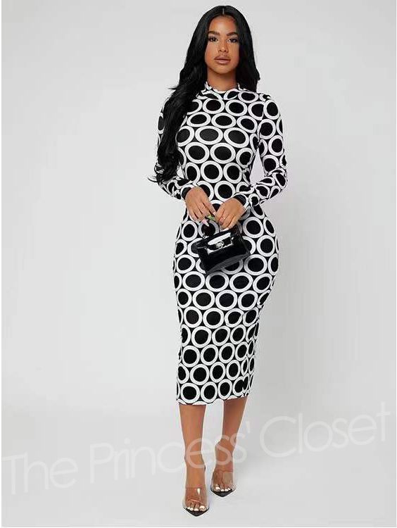 D04 Lady Long Sleeve Polka Dot Dress - Black & White