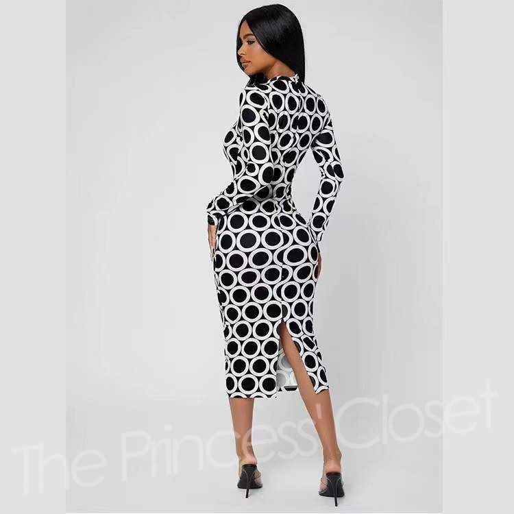 D04 Lady Long Sleeve Polka Dot Dress - Black & White