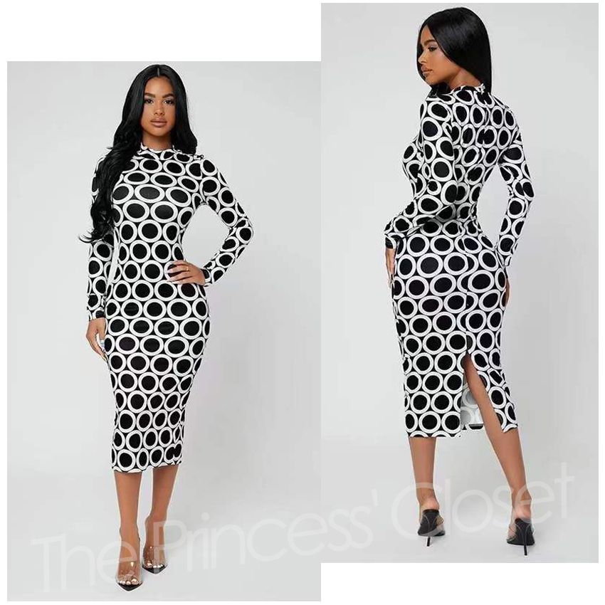 D04 Lady Long Sleeve Polka Dot Dress - Black & White