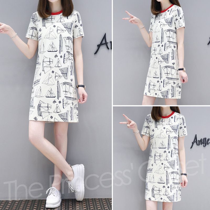 D18 Office Lady Geometry Print Short Sleeve Dress-Multi