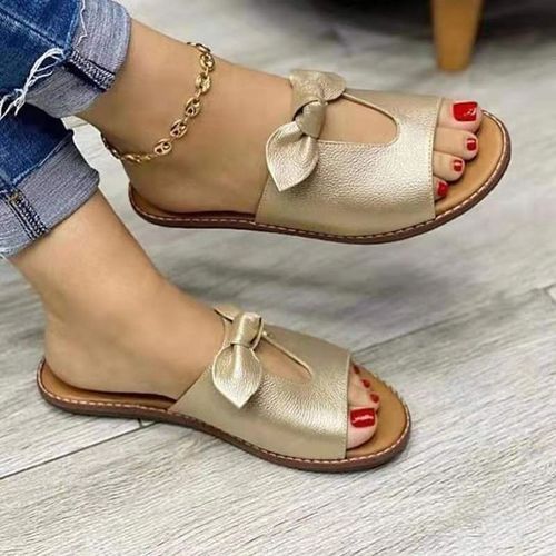 Ladies  Casual Flat Slippers-Gold