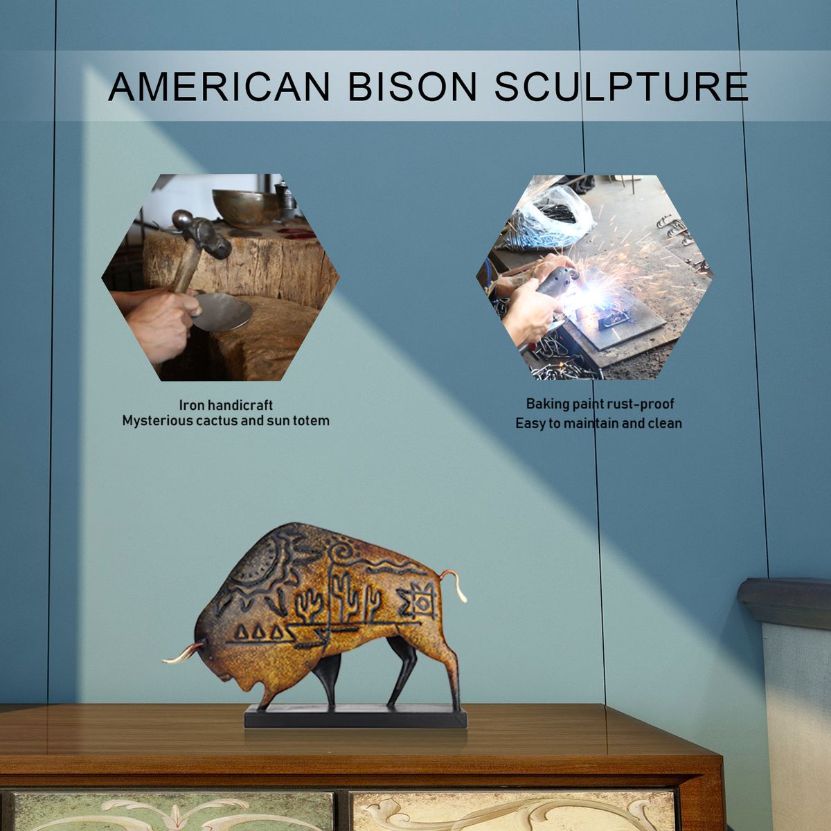 Tooarts Animal Sculpture Iron American Bison Sculpture Art